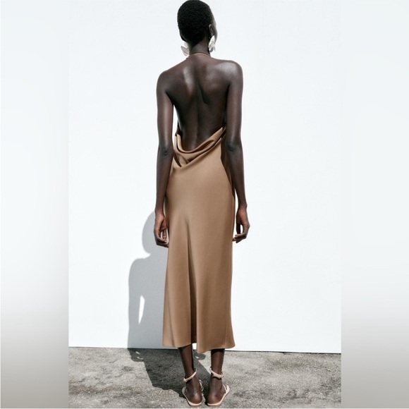 Zara Brown Satin Maxi Halter Dress | M - Picture 2 of 9